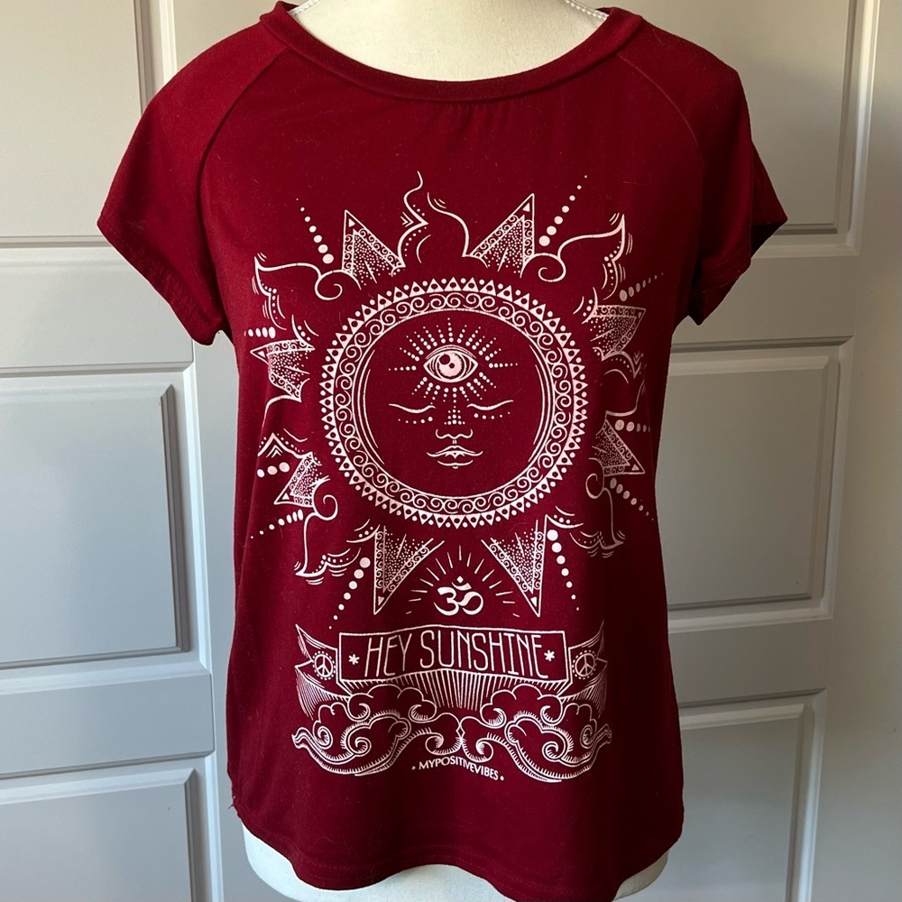 MyPositiveVibes Graphic Om Hey Sunshine Third Eye Bohemian Red Medium Tee Shirt